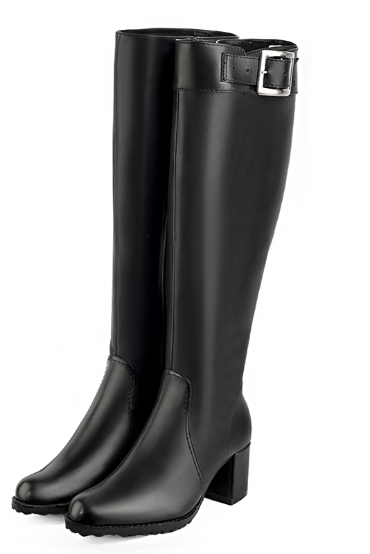 Bottes femme cavalières sur mesures noir satiné Mollets fins ou larges Bout rond. Talon mi
